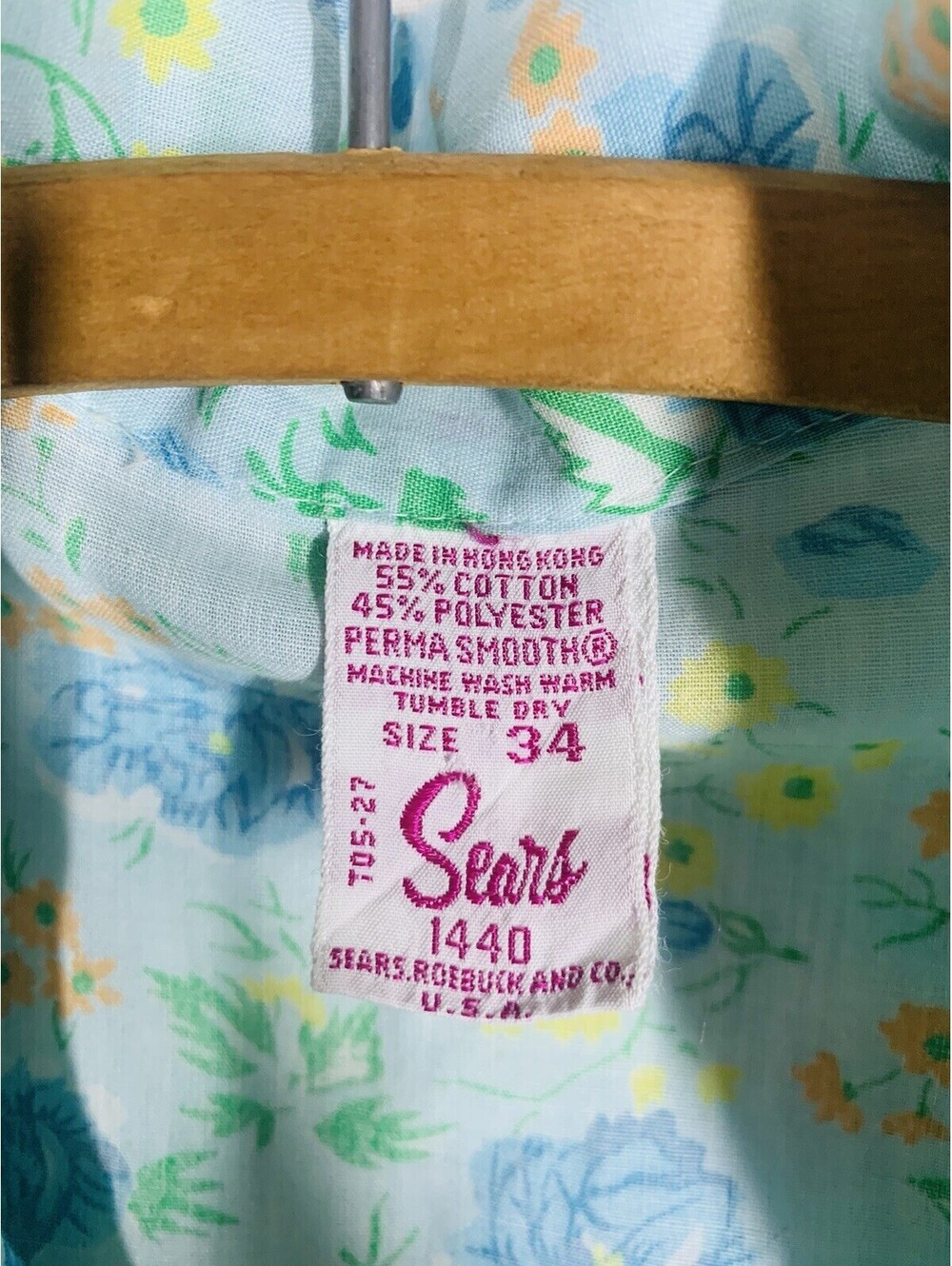 Vtg 60s Blue Rose Print Shirt M L Cotton Blend Retro Collar Sears Perma Smooth - Picture 3 of 7